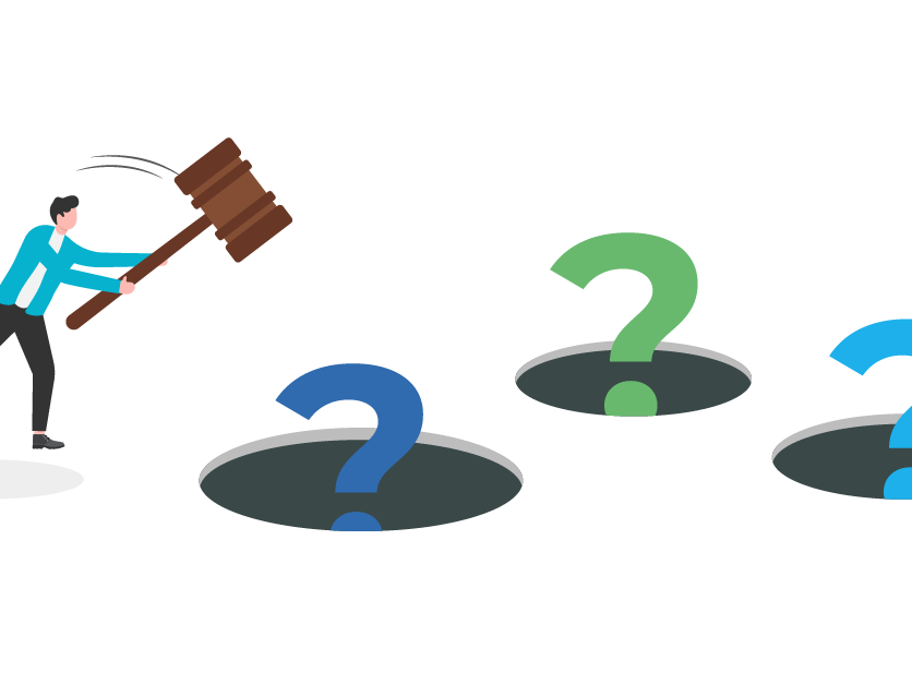 illustration of a man with a mallet hitting question marks back into hole like a whack-a-mole game