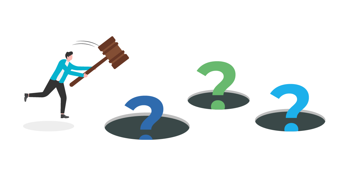 illustration of a man with a mallet hitting question marks back into hole like a whack-a-mole game
