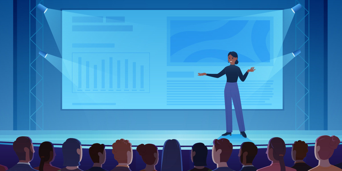 illustration of woman presenting company pitch to JPM Healthcare investors