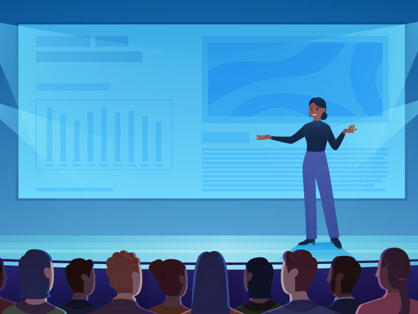 illustration of woman presenting company pitch to JPM Healthcare investors