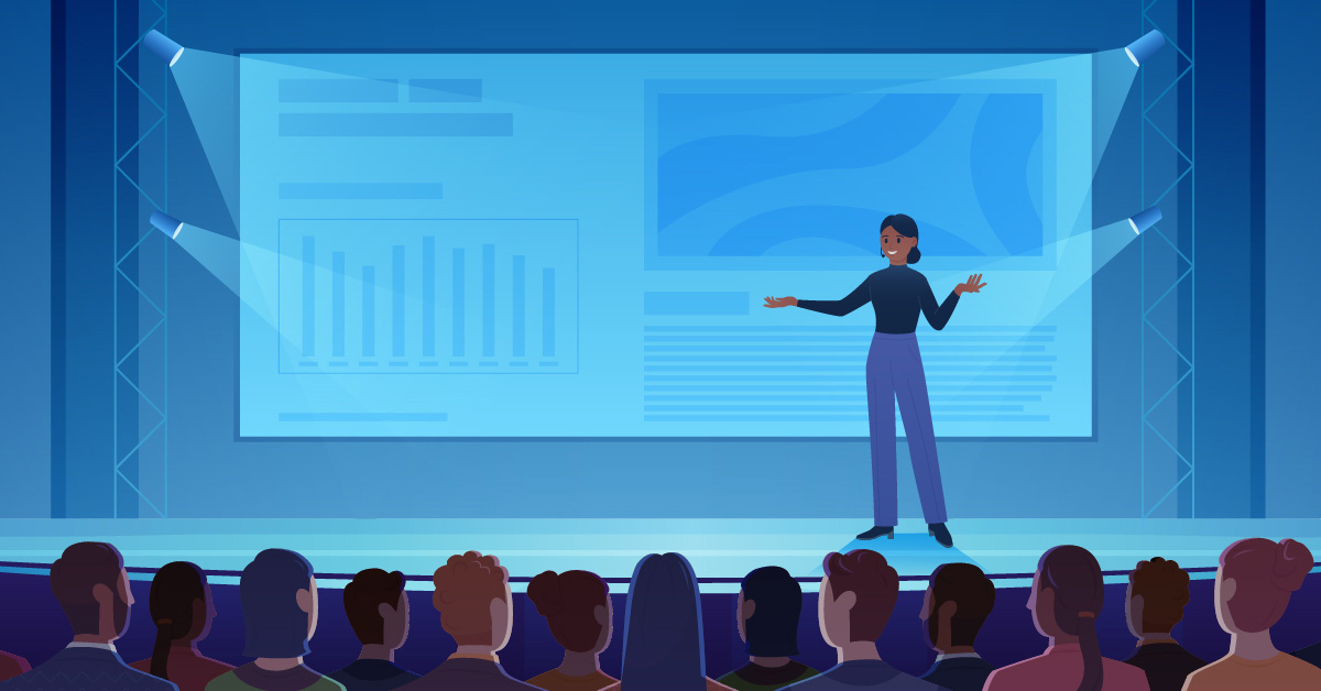 illustration of woman presenting company pitch to JPM Healthcare investors