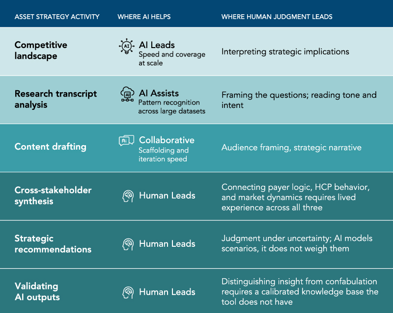 A chart with columns titled "Asset Strategy Activity," "Where AI Helps," and "Where Human Judgment Leads." There are six asset strategy activities: competitive landscape, research transcript analysis, content drafting, cross-stakeholder synthesis, strategic recommendations, and validating AI outputs. AI leads on competitive landscape, assists with research transcript analysis, and can be used collaboratively for content drafting. Human judgment leads on cross-stakeholder synthesis, strategic recommendations, and validating AI outputs.