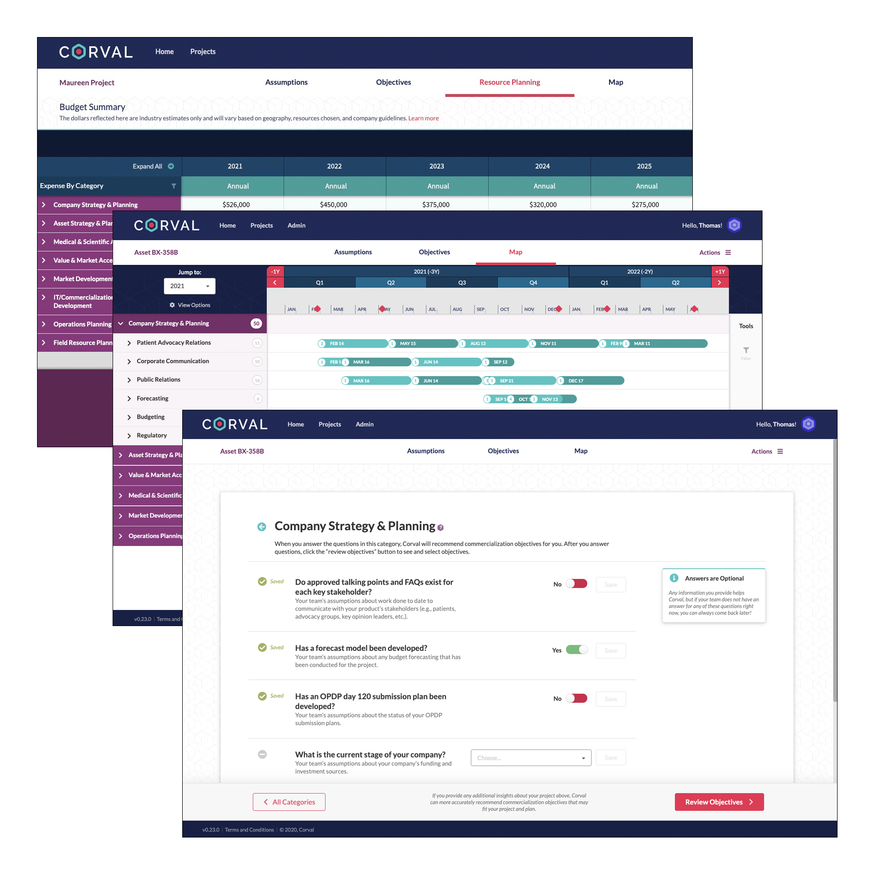 Screenshots of the Corval biopharma commercialization platform